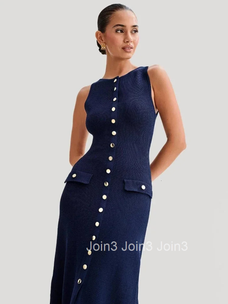 CPSYMYM Elegant Lady Knitted Single Breasted Long Dresses Women Solid Sleeveless O Neck Button Bodycon Party Female Vestidos