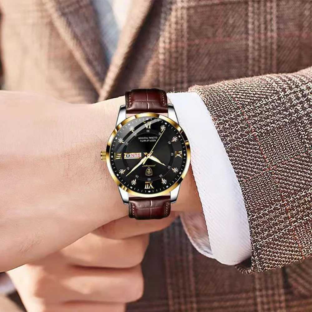 POEDAGAR Men Fashion High Quality Leather Waterproof Luminous Week Date Top Brand Luxury Quartz Mens Wristwatch W250806