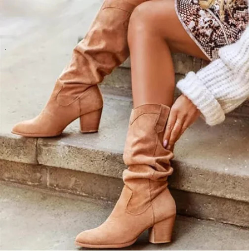 Vintage Pleated Boots Suede Chunky Heels Womens Mid-Calf Boots 250805