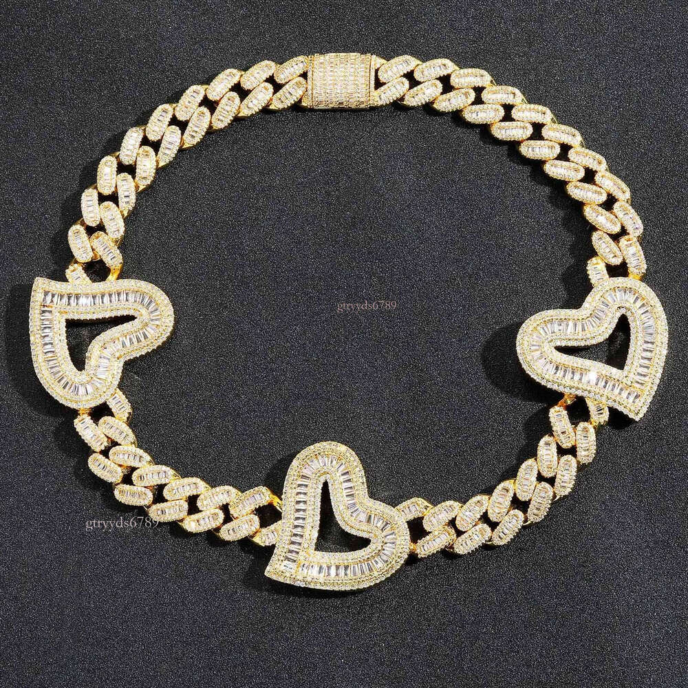 Mens Heavy Hip Hop Chians 16mm 16-22inch Gold Plated Baguette CZ Hearts Cuban Chain Necklace Gift for Friends