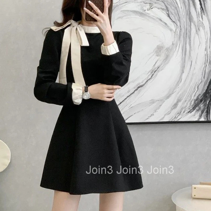 Hot Sale Women Chic Elegant Formal Occasion Mid-Length Dress Autumn Lady Korean Style Designer Bowknots Long Sleeves Dress