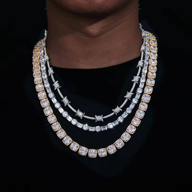 Hip Hop Jewelry Mens Pink Style 11mm Gold Plated Sterling Silver Cushion Cut VVS Moissanite Diamond Tennis Chain Necklace