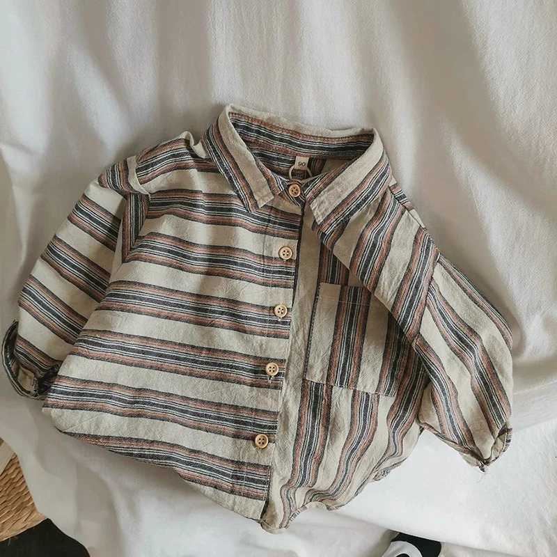 Childrens Retro Striped Irregular Cotton Linen Shirt Autumn New Korean Literary Baby Boys Buttons Long-Sleeved Shirts WT055 X250806