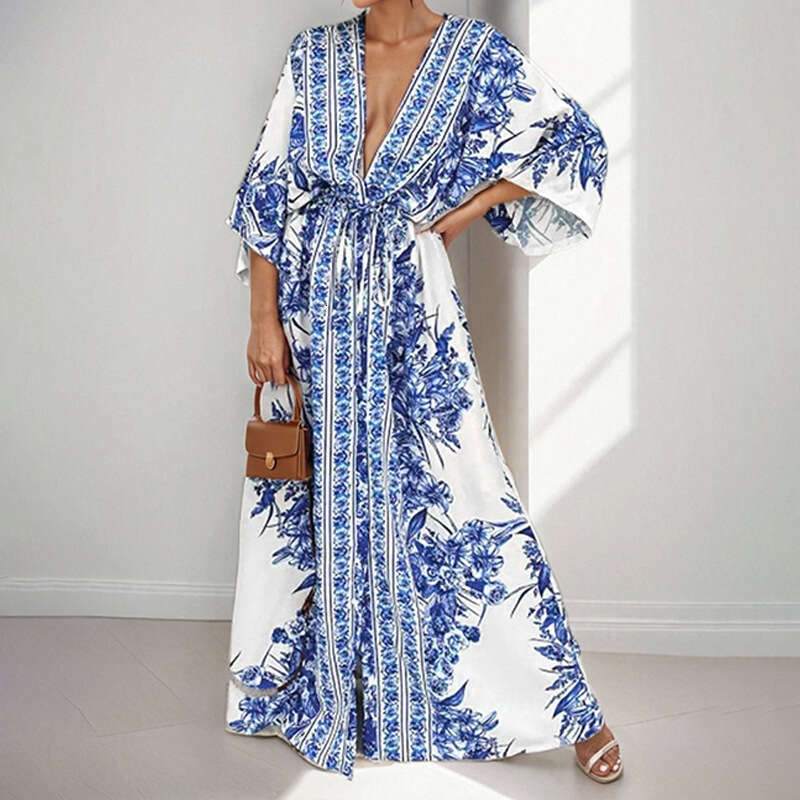 Women's V-Neck Loose Fit Fashionable Versatile Spring Dress B5