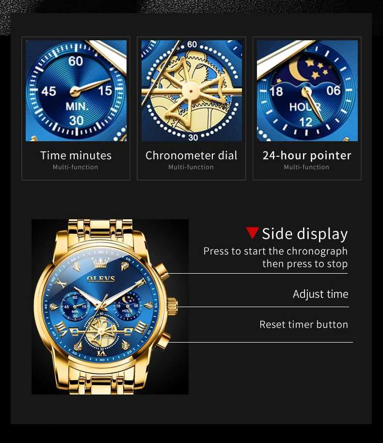 OLEVS Mens es Classic Multifunctional Flywheel Design Stainless Steel Waterproof Moon Phase Mens Wristwatches 2024 Trend W250806