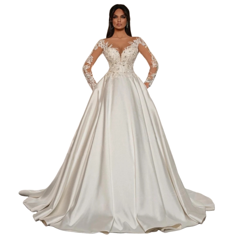 Ivory Satin A-Line Wedding Dresses Crystals Beaded Lace Appliques Princess Bridal Gown Long Sleeves Court Train Elegant Formal Dress For Bride 2025