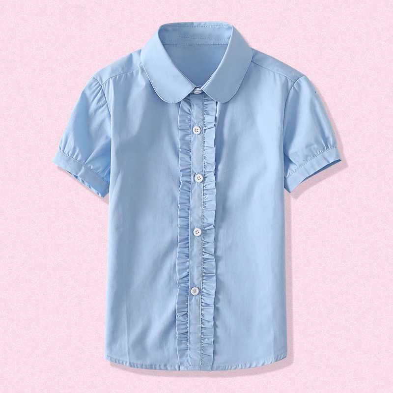 Summer Kids Blue Shirts for Girls School Uniform White Blouses Short Sleeve Preppy Cotton Children Clothing Dresses 6 8 10 14 Y X250806