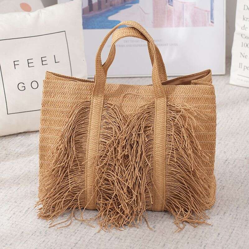 OLOEY Tassel Paper Women's Large Capacity Hand Woven Handbag Pastoral Style Beach Vacation Shoulder Bag