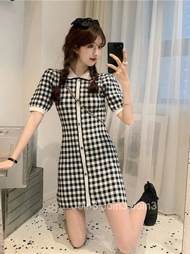 Woherb Vintage Plaid Knitted A-line Dress Women Summer Short Sleeve Single-breasted Elegant Fashion Ladies Vestidos Mujer
