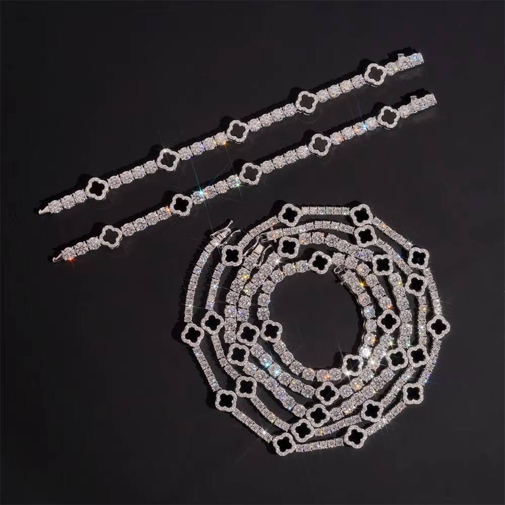 Ready Stocks 925 Solid Silver Tennis Chain 3mm Black Agate Clover Moissanite Necklace Bracelet Unique Moissanite Jewelry
