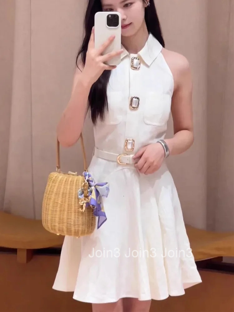 Halter Neck Tank Dress for Women Sleeveless Turn-down Collar Elegant Summer Lady Mini Robe with Sashes