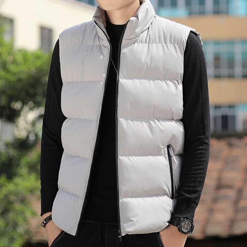 Autumn Winter Mens Down Cotton Vest Solid Color Standing Collar Sleeveless Waistcoat Loose Casual Thick Warm Padded Vest W250806