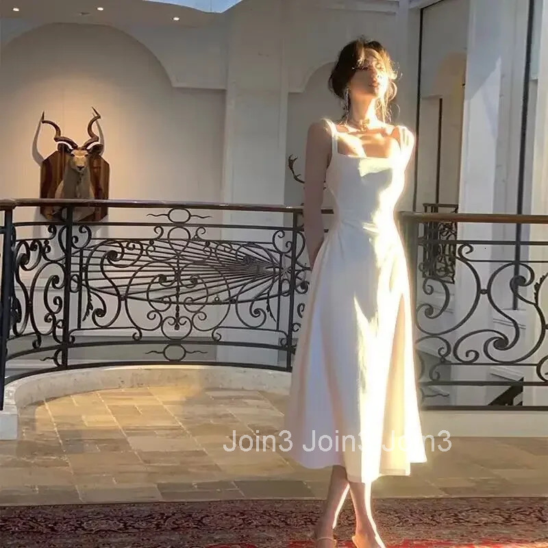 Elegant French Style High-End FeelSimple Square Collar White Tank Dress Medium-Length Ruched Waist-Fitted Vest Dress For Summer