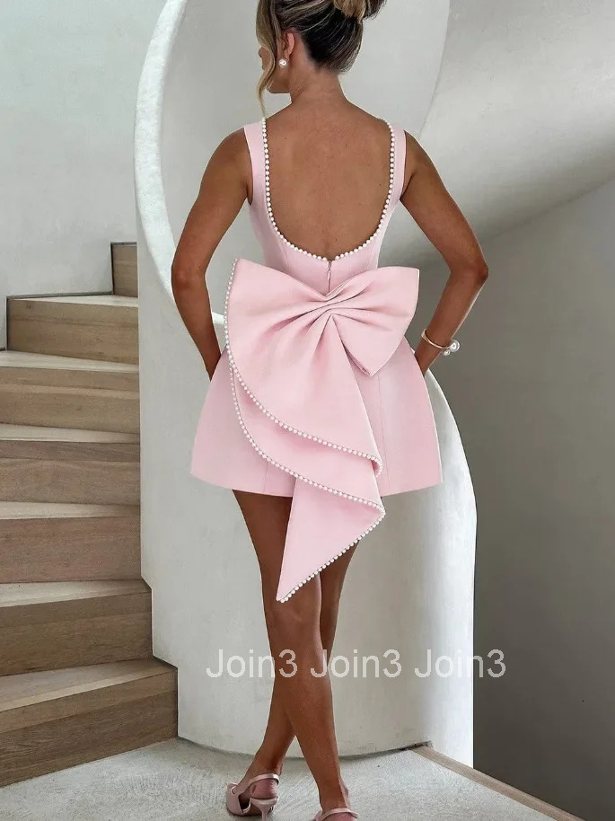 Spring Evening Dress Women White Pearl Sleeveless Backless Bow Elegant Short Dresses Female Vestidos Fashion Clothes Ladies
