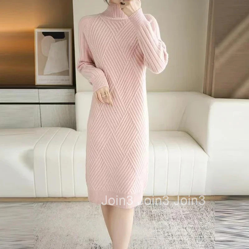 Abrini Autumn Winter Women Wool sweater Dress Mock Neck Ribbed Solid Knit Dresses Elegant Lady Party Bottoming Cashmere Vestidos