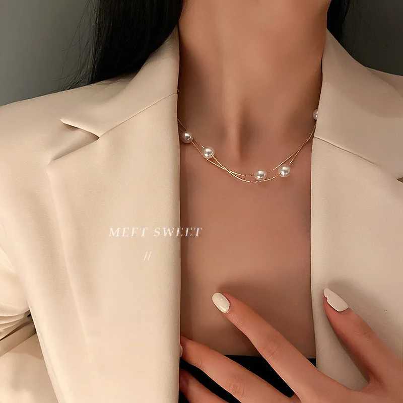 Korean Double-layered Pearl Necklace Personalized Fashionable Womens Clavicle Beaded Necklace Holiday Banquet Girl Jewelry Gift Y250805
