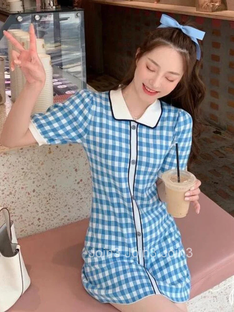 Woherb Vintage Plaid Knitted A-line Dress Women Summer Short Sleeve Single-breasted Elegant Fashion Ladies Vestidos Mujer