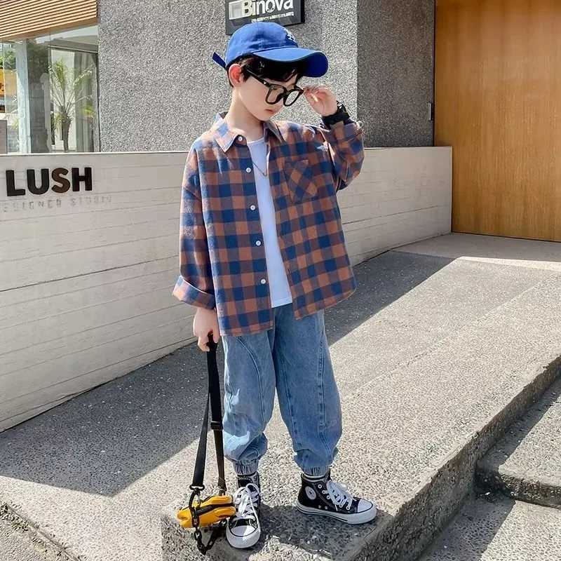 Autumn Spring Baby Boy Shirt Kids Long Sleeved Blouses Cotton Children Plaid Shirts Teenage Boys Casual Tops 4 6 8 10 12 14 Years X250806