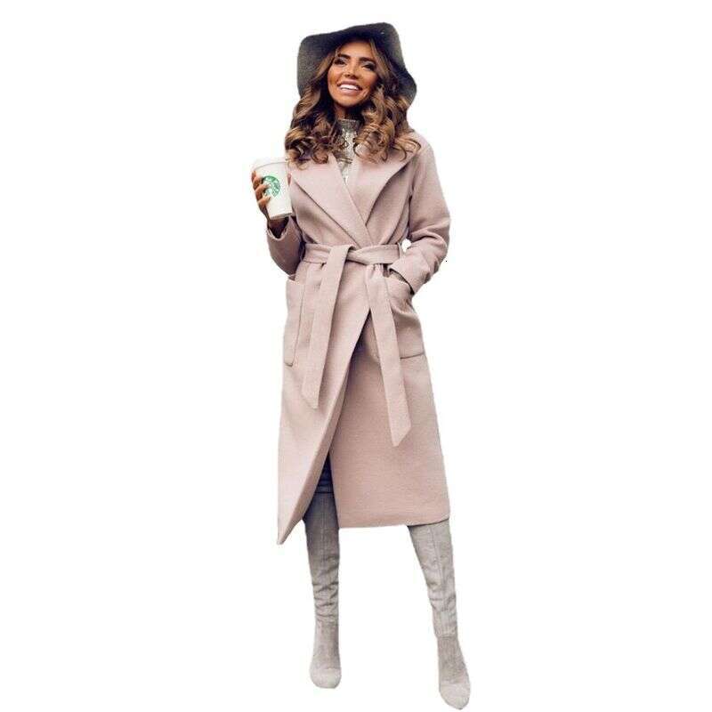 Women's Fashion New Lapel Long-Sleeved Lace-Up Solid Color Woolen Long Coat For Women