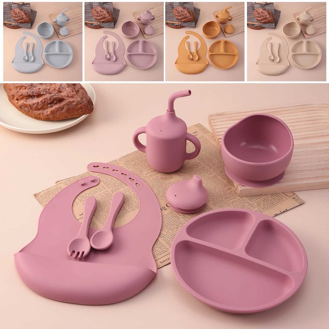 6PCS Silicone Feeding Set for Kids Color Divided Plates Sippy Cup Training Eating Cutlery Strong Suction Bowl BPA Free Tableware Set X250806