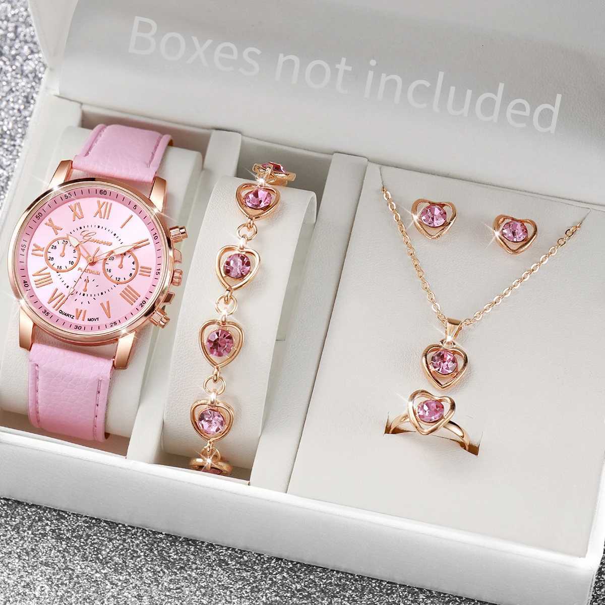5PCS/Set Fashion Women Rhinestone Heart Jewelry Set Geneva Casual Leather Band Quartz WristWithout Box W250806