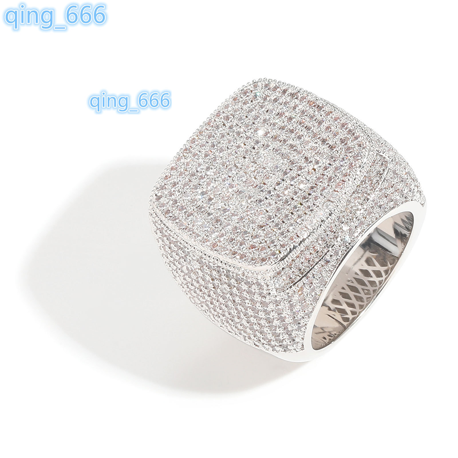 Mens Ins Popular Trendy Gold Plated Hip-hop Ring Full Diamond Square Exaggerated Three-dimensional Micro-Infused 5A Zircon Cut