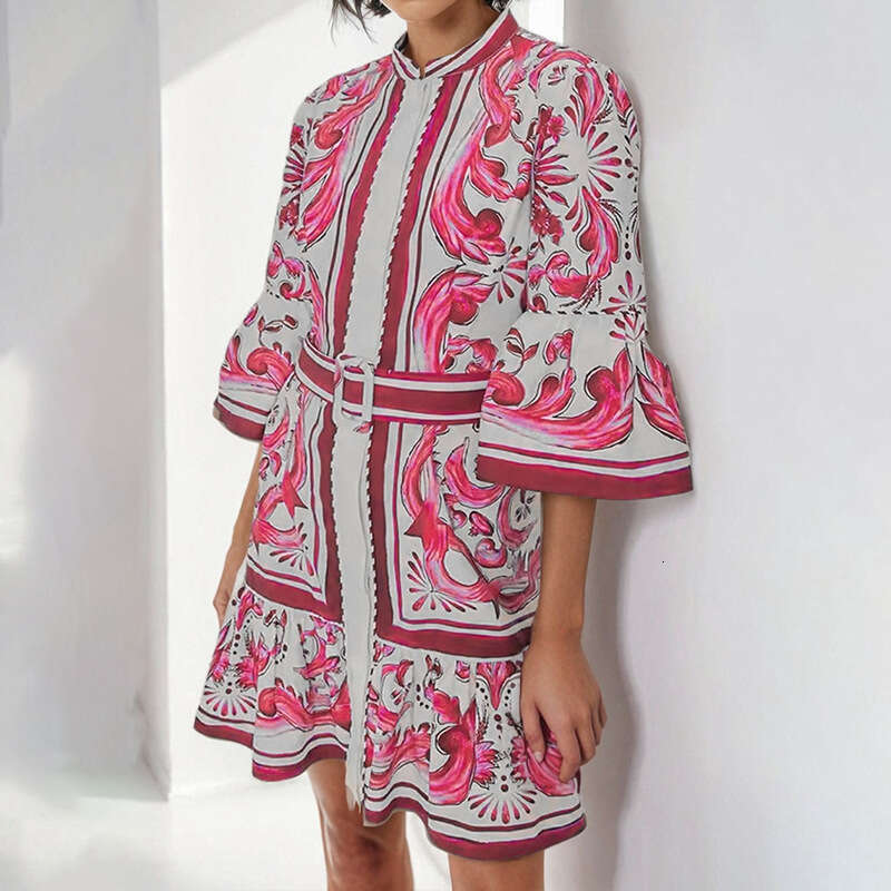 Spring New Women's French Style Round Neck Waist-Cinching Flared Sleeve Printed Dress B5