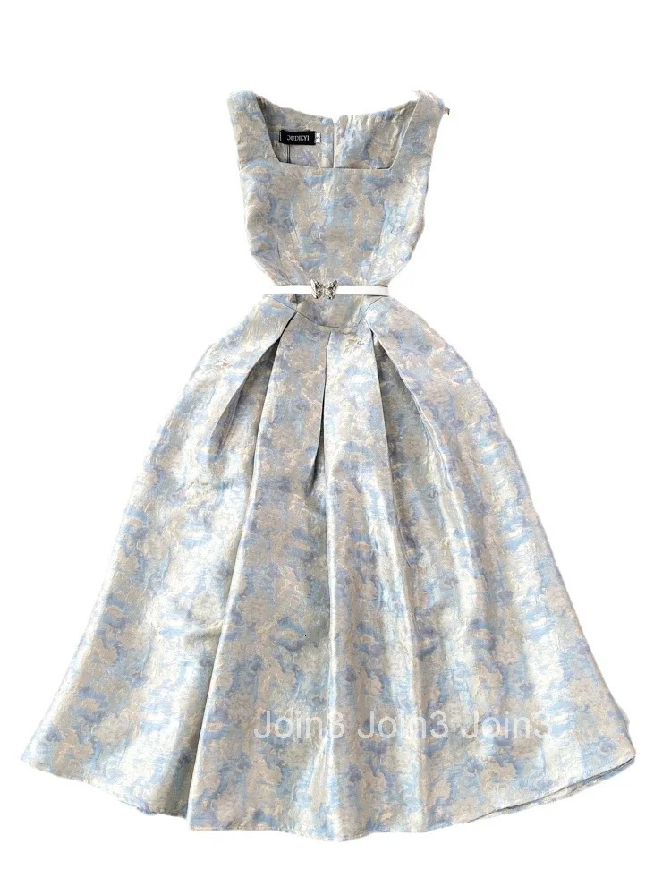 Elegant Luxury Celebrity Sleeveless Square Collar Printing Pleated Jacquarddress Slim Long Dress Party Formal Wedding Birthday