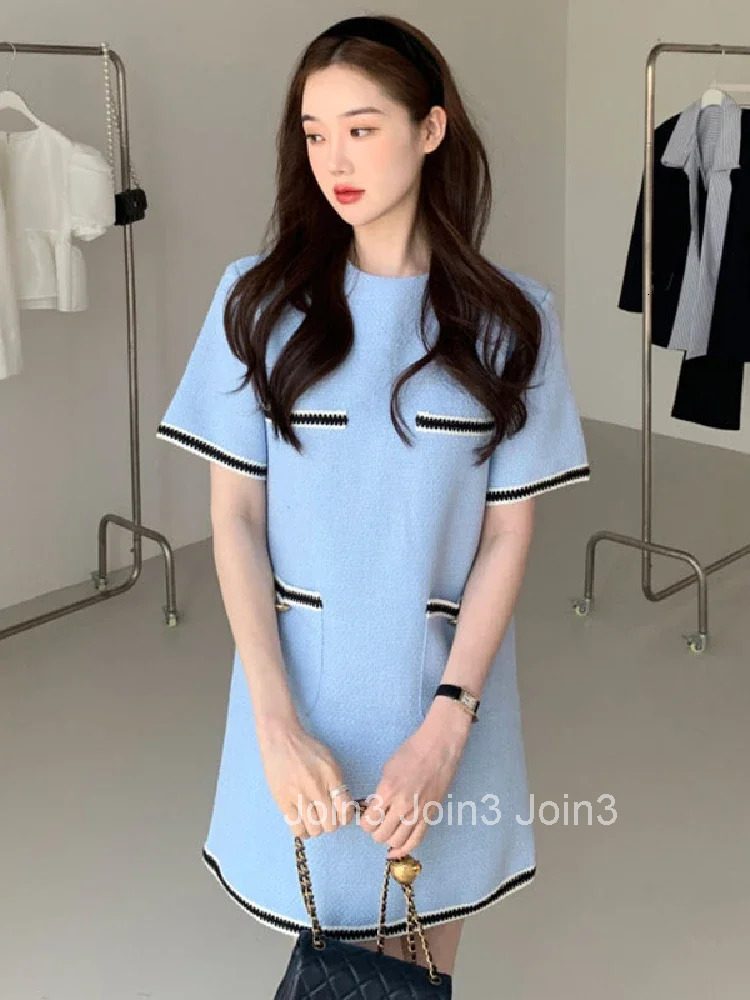 Women Dresses Korean Chic Summer Simple Round Neck Contrast Color Trim Pocket Design Loose Short-sleeved Tweed Dress Women