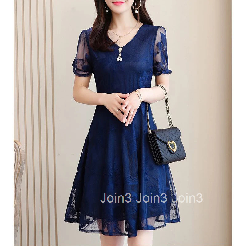 Elegant Fashion Sexy Mesh Lace V Neck Party Ladies Dresses Fashion Slim Short Sleeve Midi Dress for Women Summer Vestidos