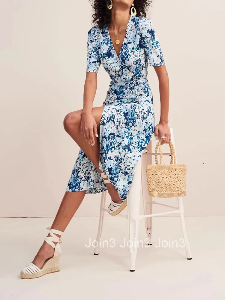 Women Lace-up Wrapped Long Dress Side Button V-neck Lady French Elegant Short Sleeve Robe Clearance Price