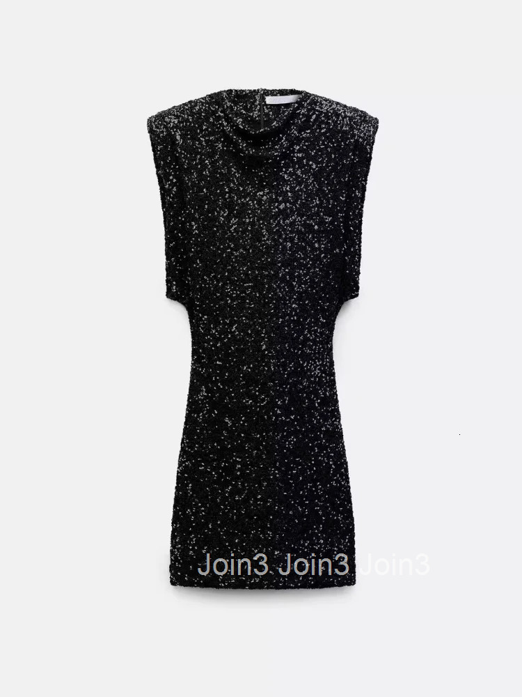 ZBZA Womens Shoulder Padded Sequin Dress Solid Sleeveless Hidden Zipper High Waisted Elegant A-line Mini Skirt New Female Dress