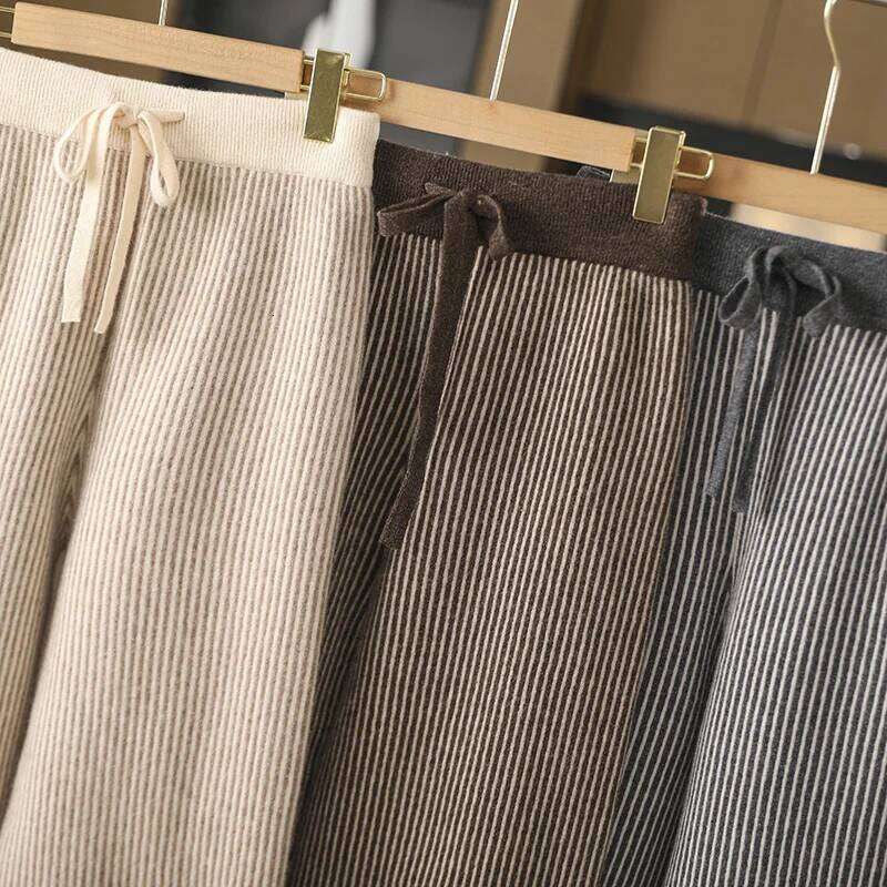 100% Merino Wool Women's Knitted Trousers, Fashionable, Warm, Vertical Stripe Pattern, Wide-Leg Pants, New Autumn And Winter 24 250806