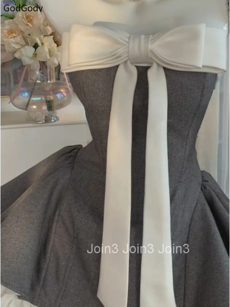 Summer New Vintage Elegant Woman Dress Strapless Bow Patchwork High Waist Puffy Mini Dress Female French Chic Sexy Outfits