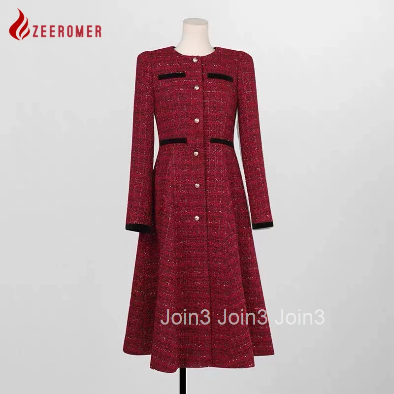Fall Winter French Vintage High Quality Wine Red Thick Tweed A Line Dress Lady Elegant O Neck Long Sleeve Slim Party Dress