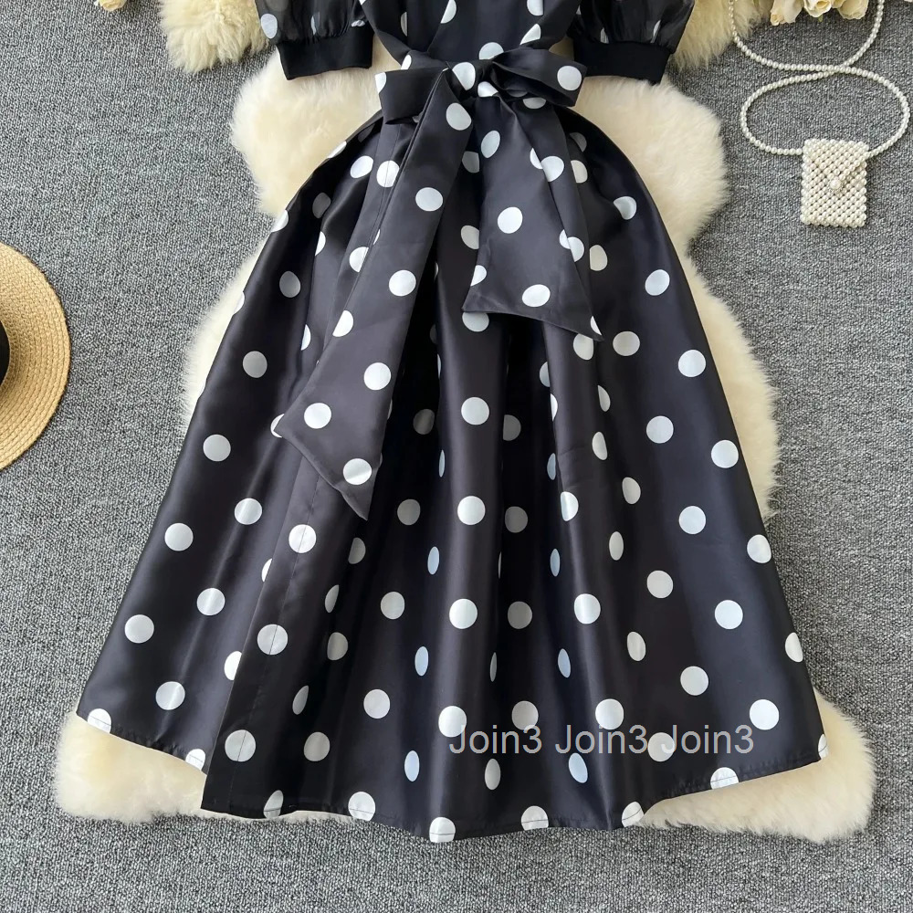 Vintage Elegant Pleated Bandage Short Sleeve Dot Dress A-line Fashion Spring summer Beach Vestidos Women Dresses