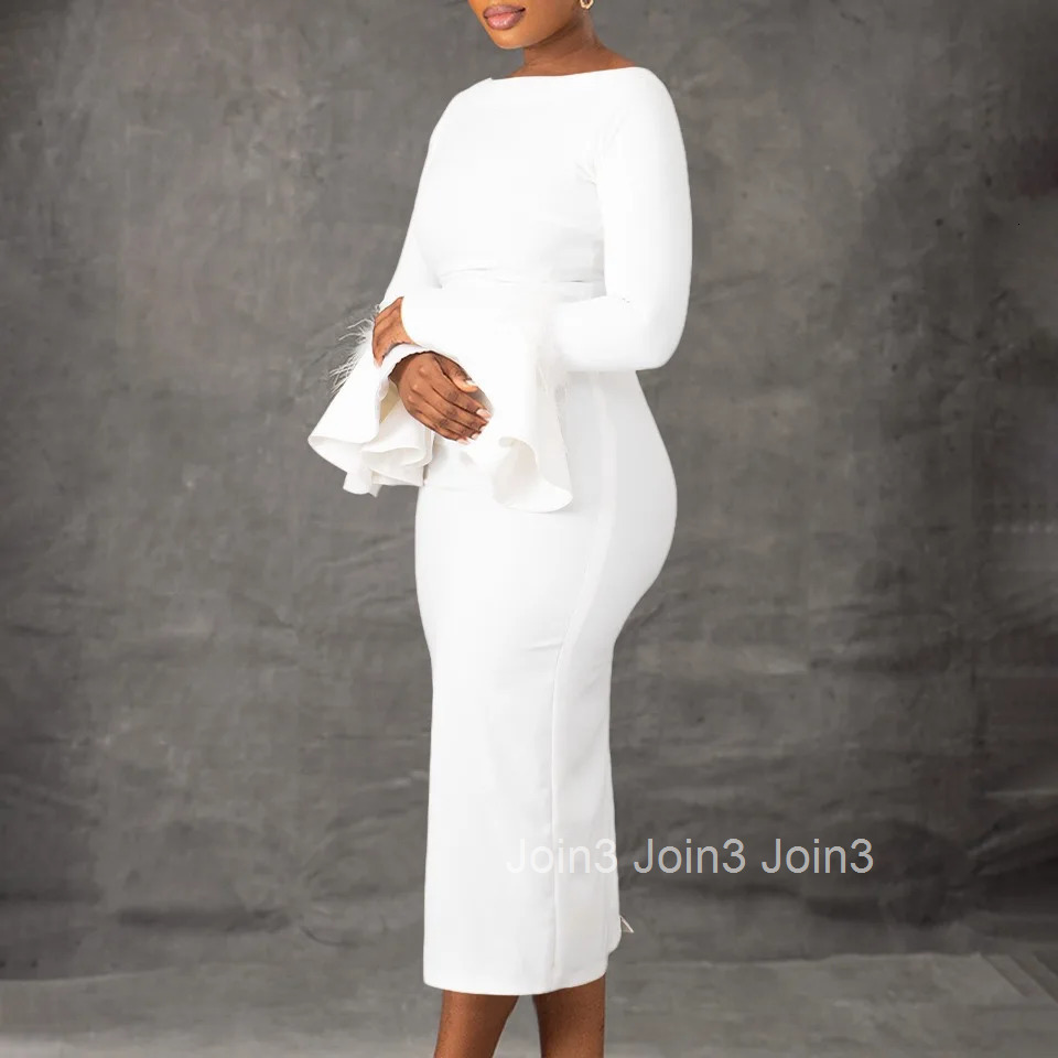 Elegant Bodycon Dresses for Women O Neck Flare Sleeve Solid Sheath Package Hips Mid Calf Professional Business Work Wear Dress