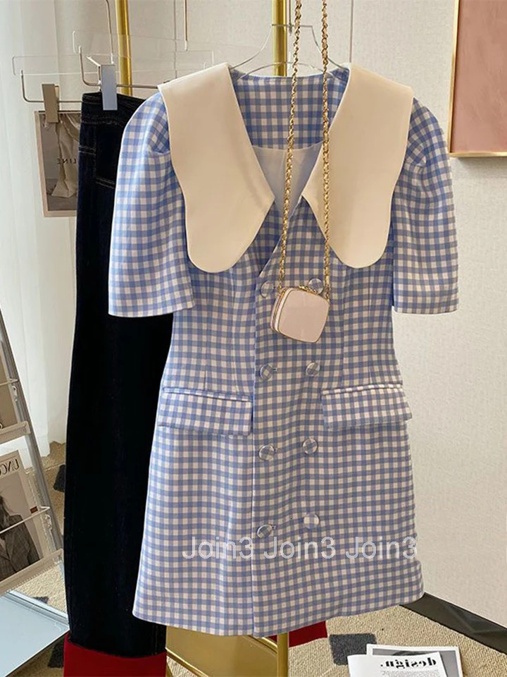 French Vintage Women Dress Summer Plaid Dresses Casual Puff Sleeve Fashion Ladies Elegant Chic Loose Dress