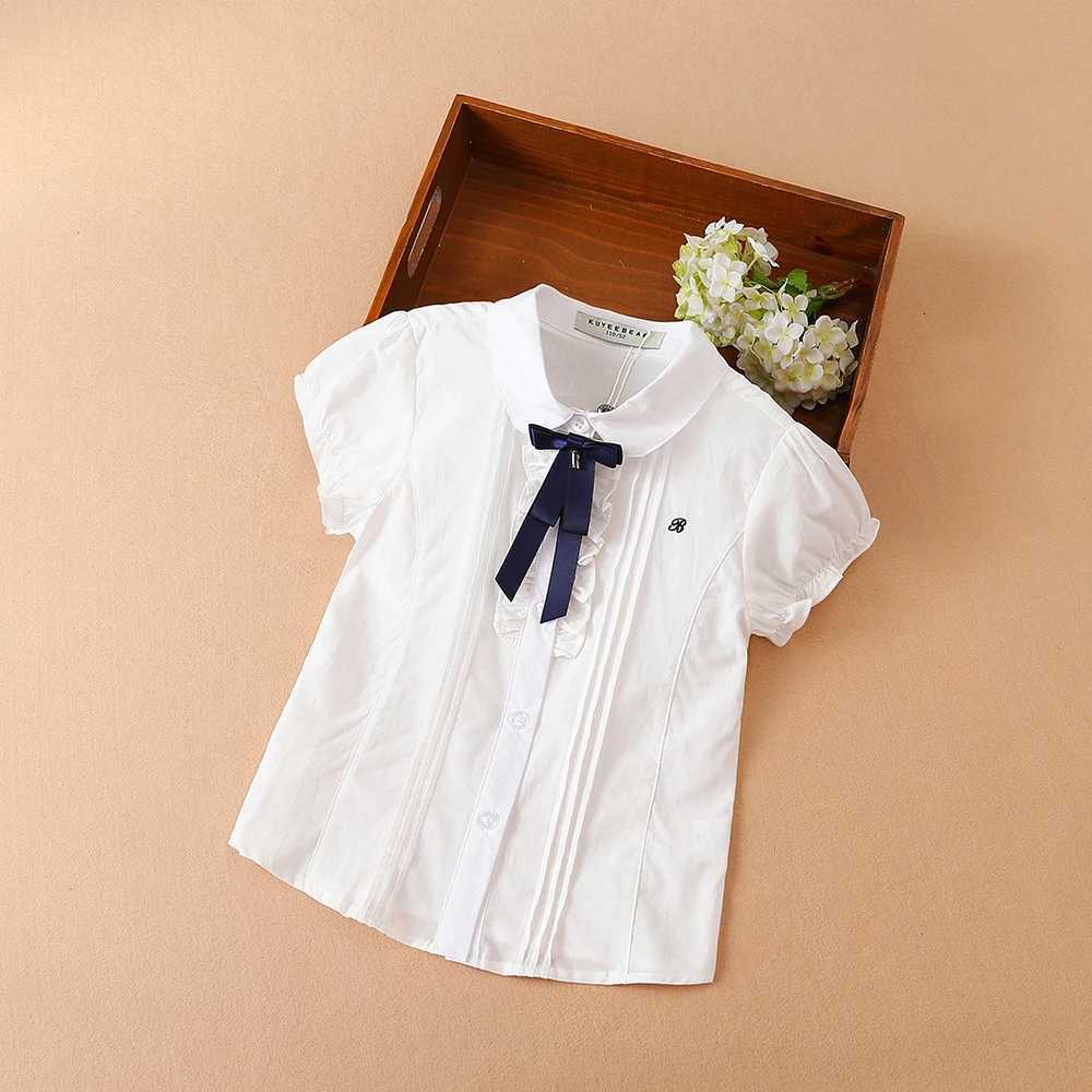 Girls Blouse Shirts Summer Short Sleeve Cotton Lovely Bow Casual White Tops For 10-12 Years Childrens Clothing X250806