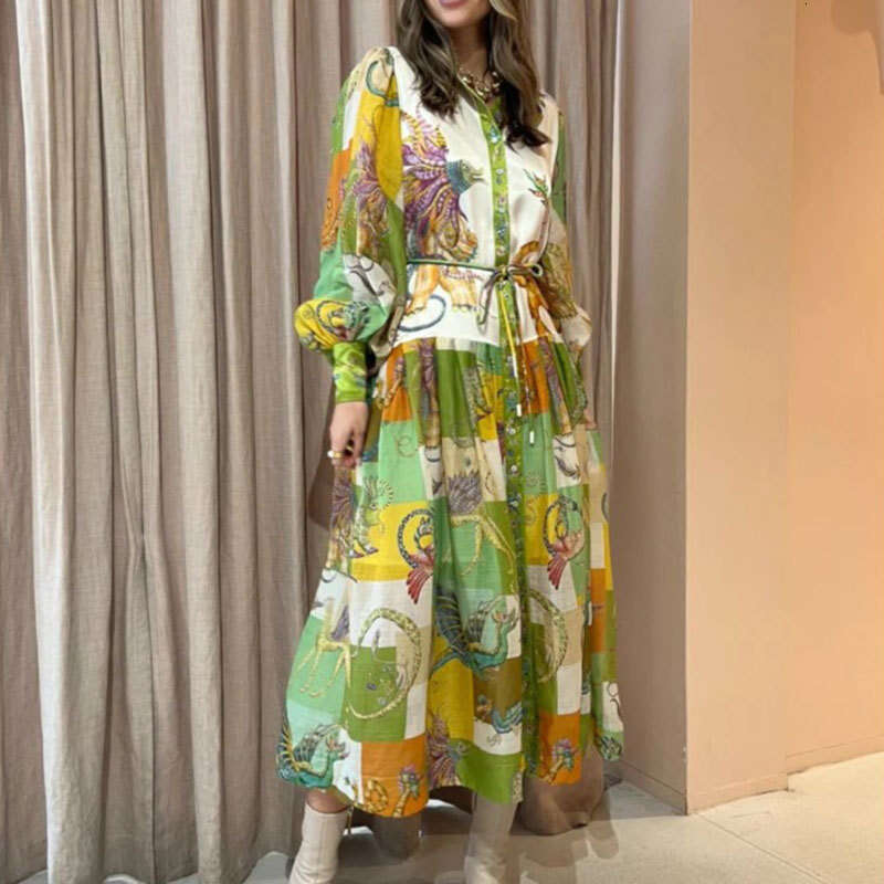 Women's New Style Elegant Turn-Down Collar Lantern Sleeve Ruffle Hem Spring Dress B5