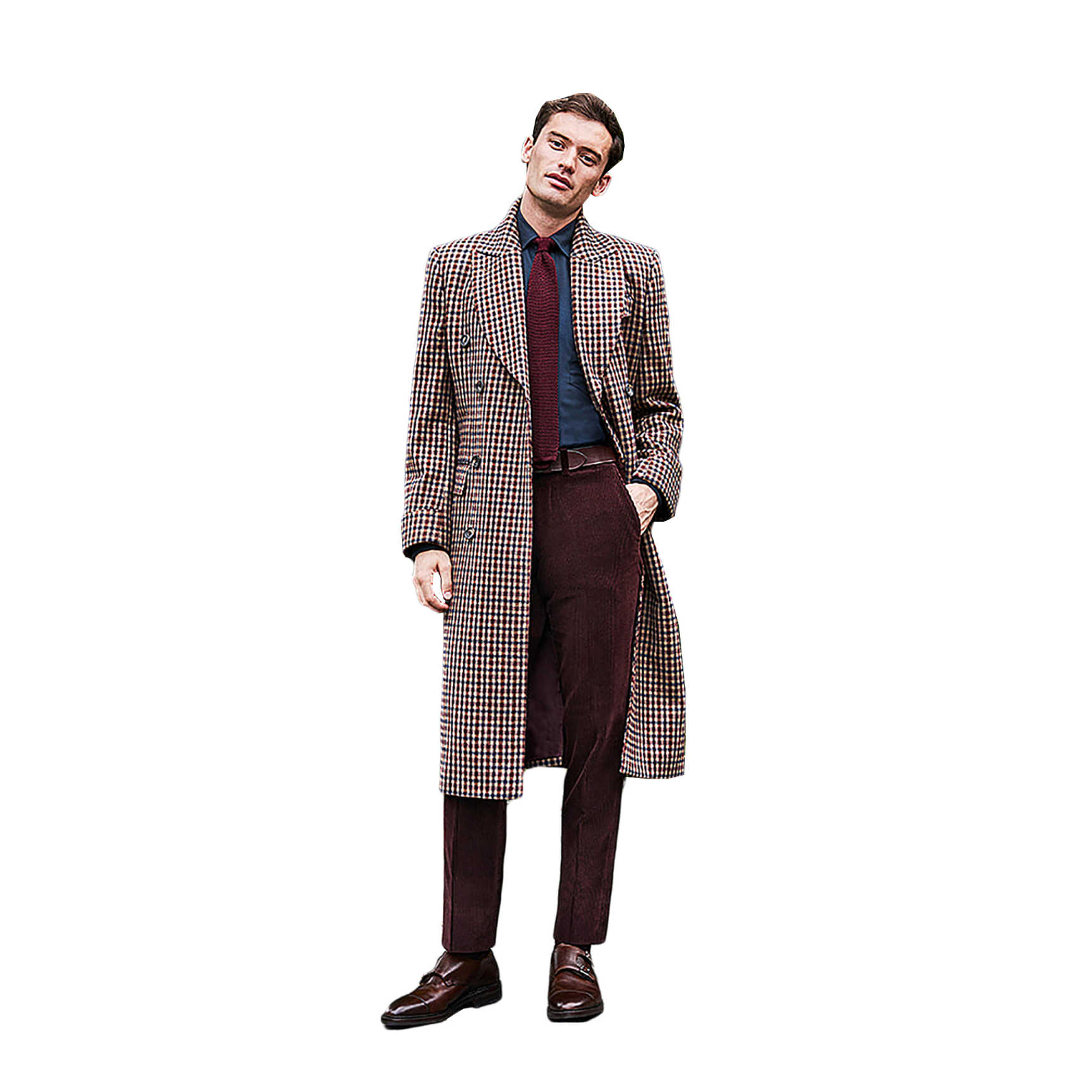 Plaid Men Woolen Overcoat Peaked Lapel Double Breasted Coat Slim Fit Business Winter Warm Coat Customized