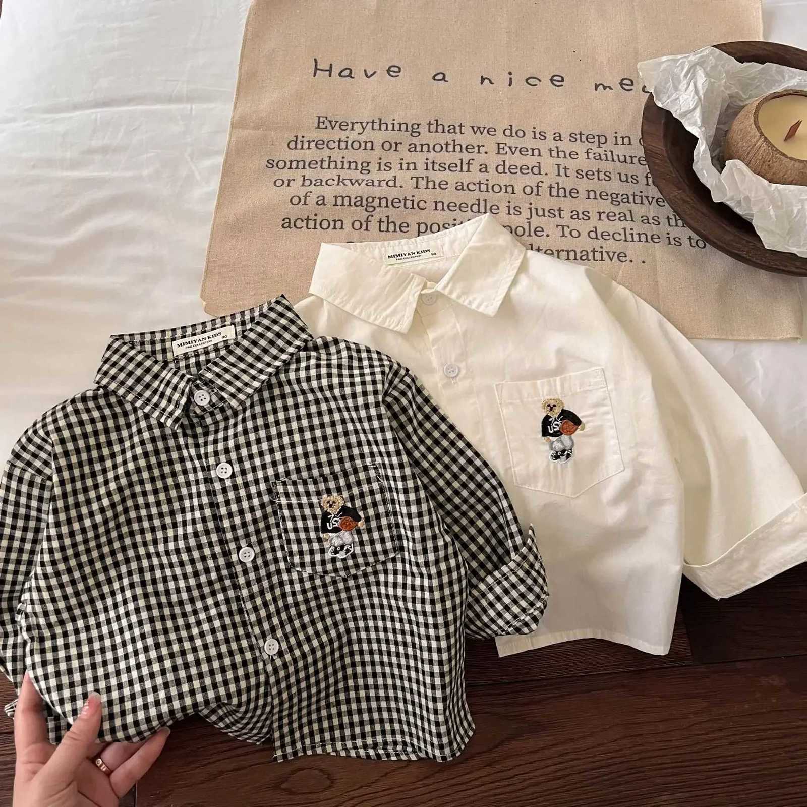 Childrens White Shirt Autumn 2024 New Boys Girls Korean Version Little Bear Embroidered Long-sleeved Plaid Lapel Shirt Trend X250806
