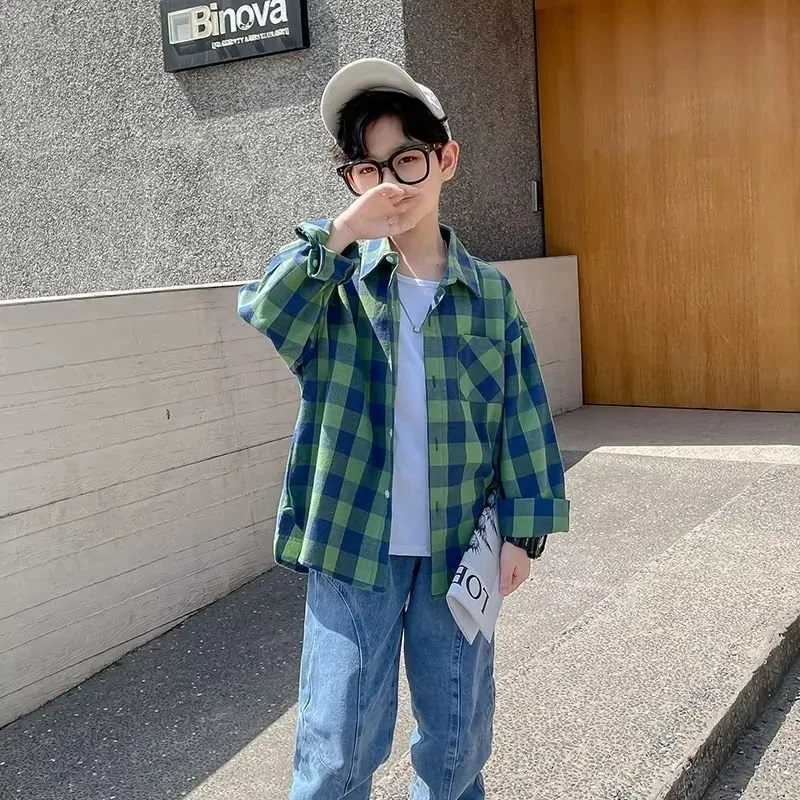 Autumn Spring Baby Boy Shirt Kids Long Sleeved Blouses Cotton Children Plaid Shirts Teenage Boys Casual Tops 4 6 8 10 12 14 Years X250806