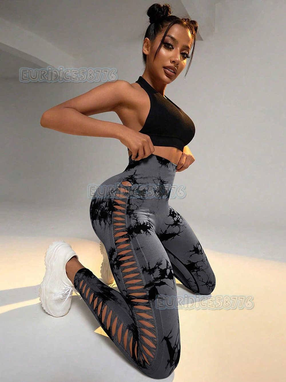 Outdoor Sports Quick-dry Tight High-waist Hip-lifting Fitness Leggings Side Hollow Tie-dye Yoga Pants for Women H250806