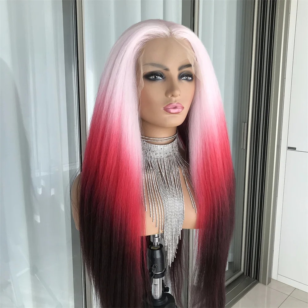 Straight Ombre Pink Red Lace Front Wig 13x4 HD Pre Plucked Lace Wigs Ready To Wear for Women Highlight Blonde Straight Cosplay Wigs Synthetic