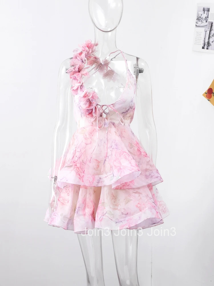 Elegant Floral Print Puff Sleeve Ball Gown Mini Dress Women 3D Flower V-neck Summer Beach Dresses Chic Holiday Evening Vestidos