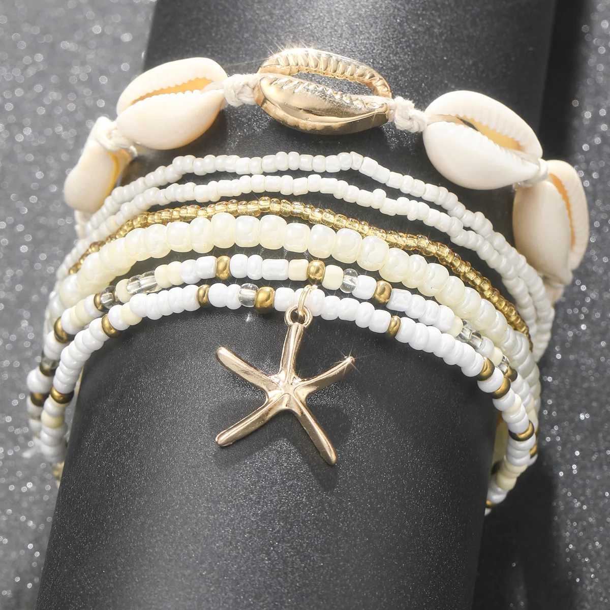 7pc/set Bohemian Rice Beads Starfish Pendant Anklet Set Fashion Summer Beach Sea Shell Multilayer Ankle On Foot Jewelry Y250805