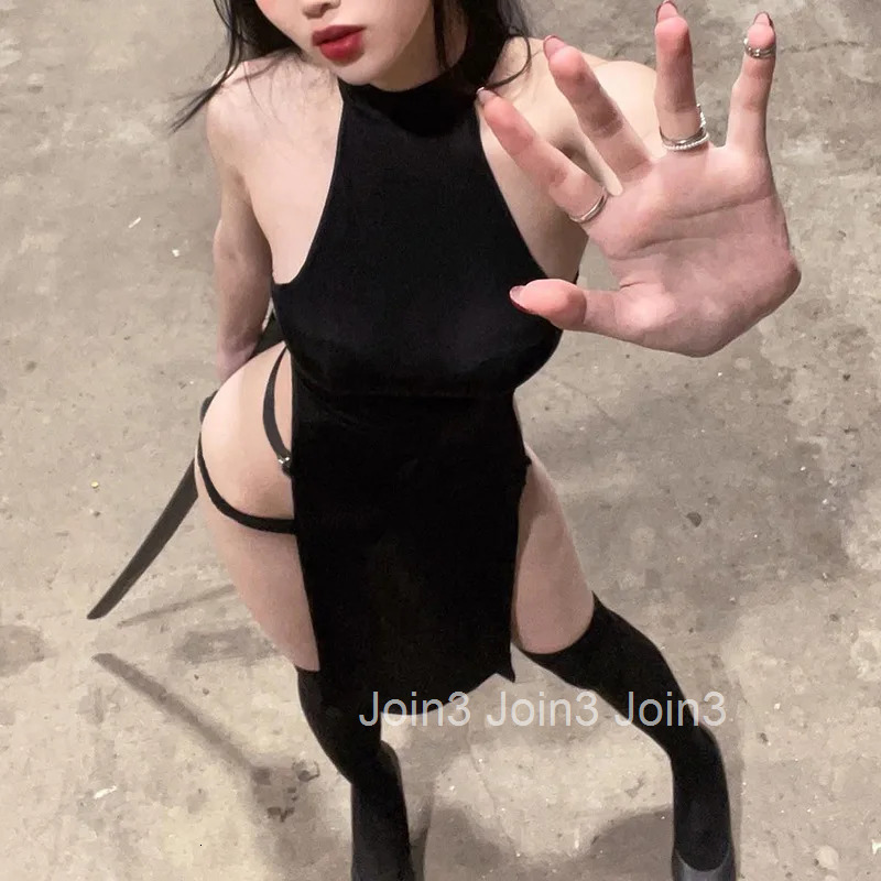 WOMENGAGA Sexy Hanging Neck Elastic High Waist Double Split Tie Long Dress Elegant Cheongsam Hot Sexy Y2K Tops 9ZTL