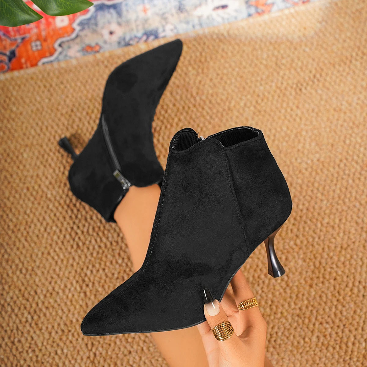 Women Ankle Boots Suede Pointed Toe Shoes High Heels Pumps Zip Womens Short Boots Elegant Autumn Mujer Botas Shoe 250805
