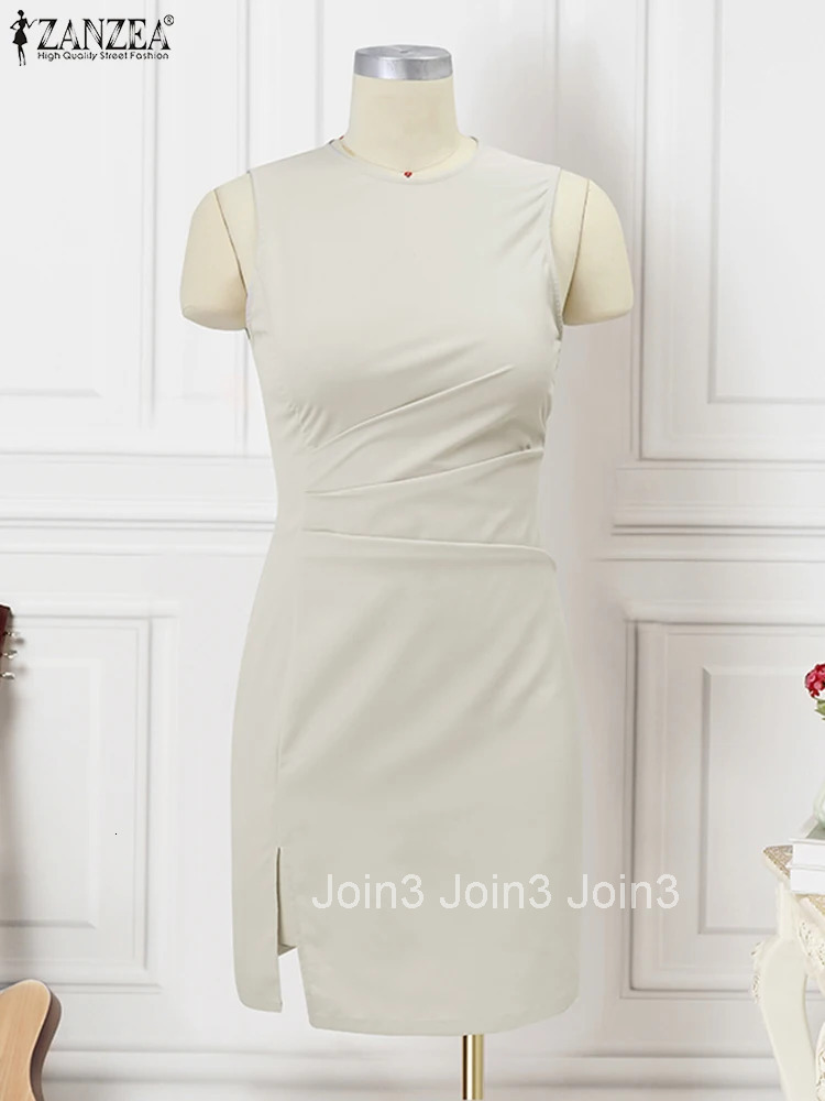 Elegant Mini Dress Summer Women Sleeveless O-neck Tank Dress Fashion Draped Short Robes Office Slit Hem Vestidos